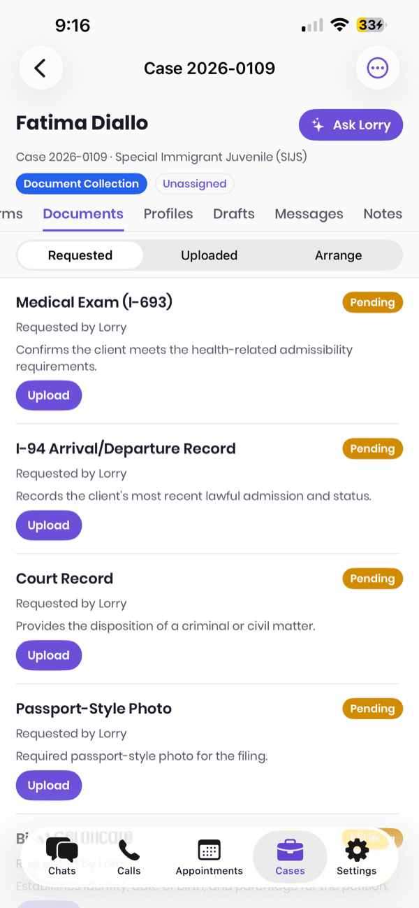 Case documents in the Lorry iPhone app