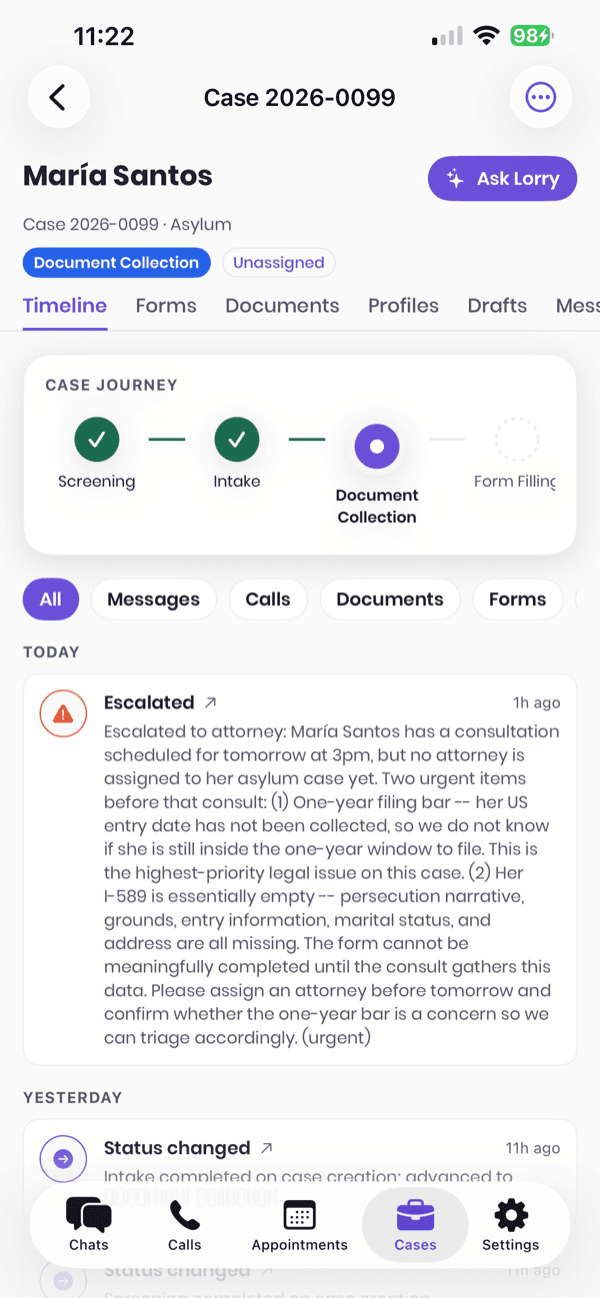A case timeline in the Lorry iPhone app